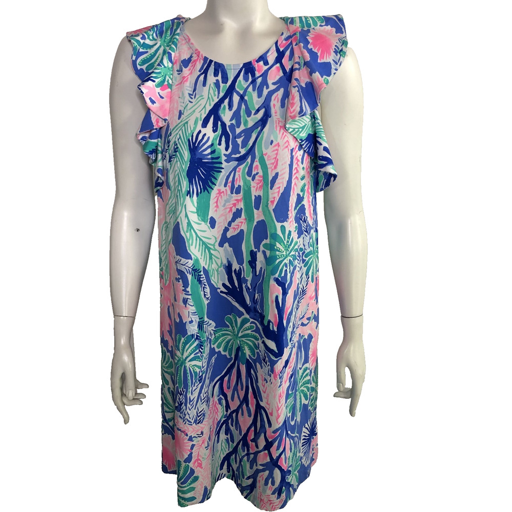 Lilly Pulitzer Esmeralda Small Shift Dress Small Blue Ruffle Sleeve Back Keyhole
